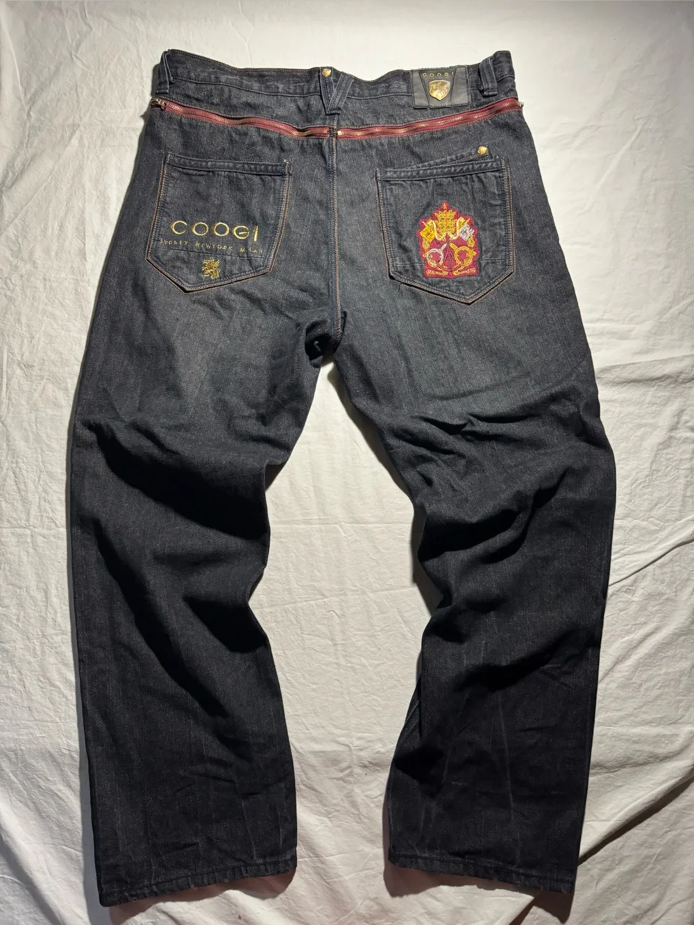 COOGI Black Denim Jeans with Red & Gold Embroidered Back 42x 16 1/2